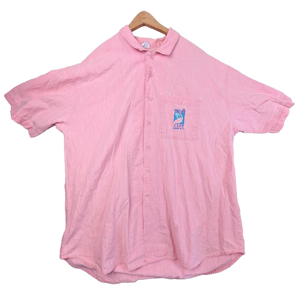 Paradise Club Hawaii Button Vintage xl Cotton Pink Flamingo 80s Retro Beach USA